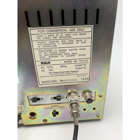 RCA Model No. TC1110 AC 120V 60Hz 33W 17W Video Monitor Made in Japan Works - Picture 6 of 6